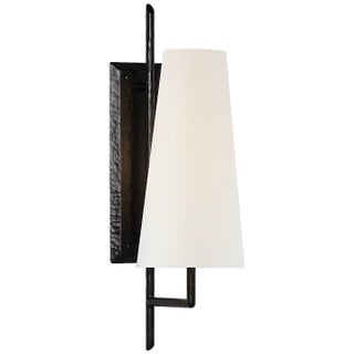 Chapman & Myers for Visual Comfort Signature Ashton Large Single Sculpted Sconce in Aged Iron with Linen Shade For Sale