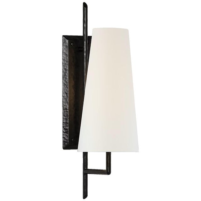 Chapman & Myers for Visual Comfort Signature Ashton Large Single Sculpted Sconce in Aged Iron with Linen Shade For Sale