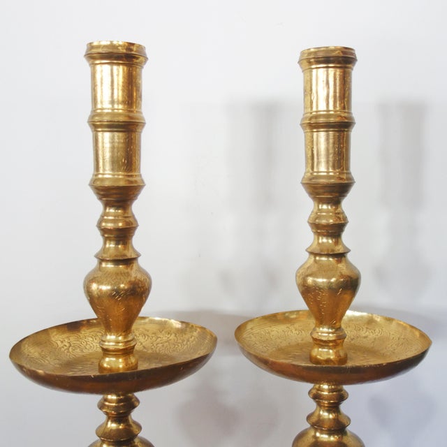 1960s Moroccan Brass Altar Candles Holders, Pair Floor Pillar