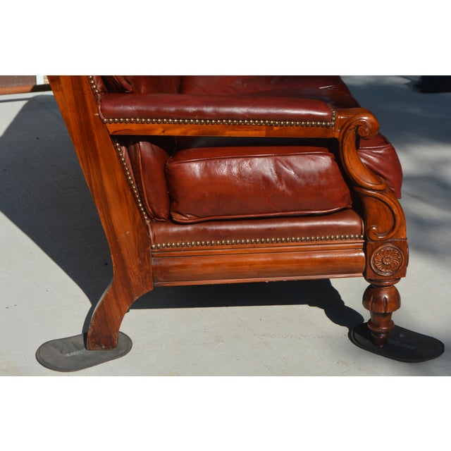 English 1970s Fairfield Burnt Red Rust Leather Loveseat / Settee / Sofa With Carved Wood Frame & Nail Head Trim For Sale - Image 3 of 17