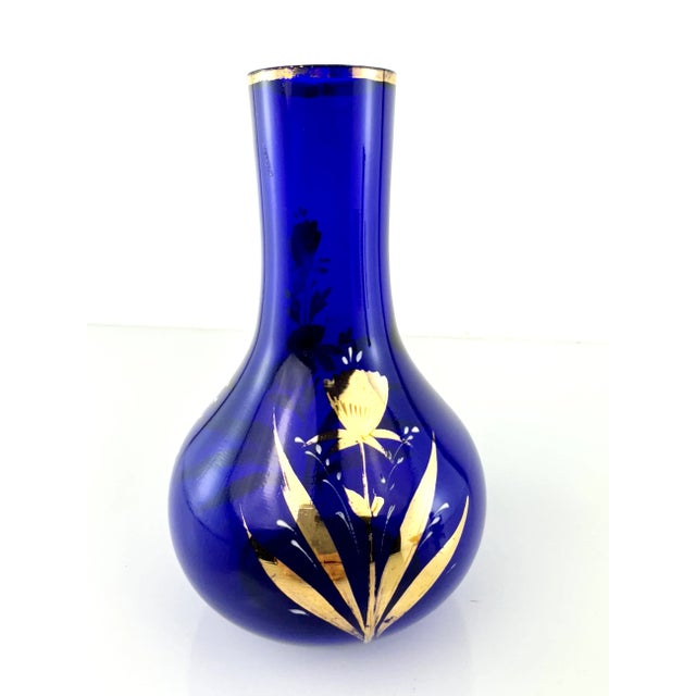 Glass Vintage 1920's Hand-Painted Cobalt Blue Czech Glass Vase With Gold Detailing For Sale - Image 7 of 9