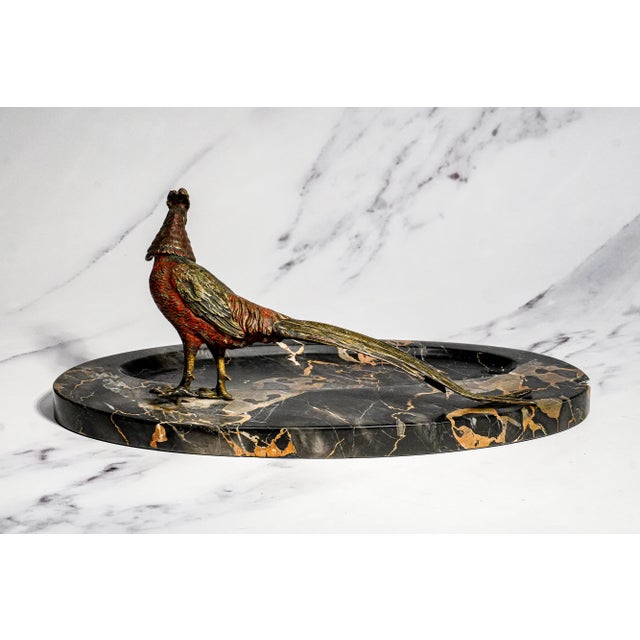 Impressive Antique Austrian Bronze Pheasant Sculpture Statue Black Veined Marble Desk Dresser Tray Catchall Art Deco Home Decor For Sale - Image 12 of 17