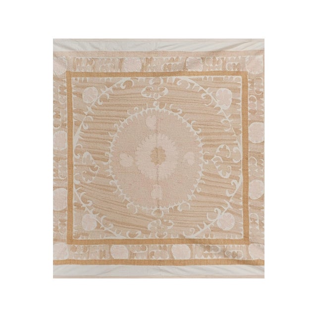 Uzbek Hand Embroidery Beige Suzani, Vintage Bedspread, Boho Wall hanging Decor, Natural Color Suzani Tablecloth 4'6'' x...