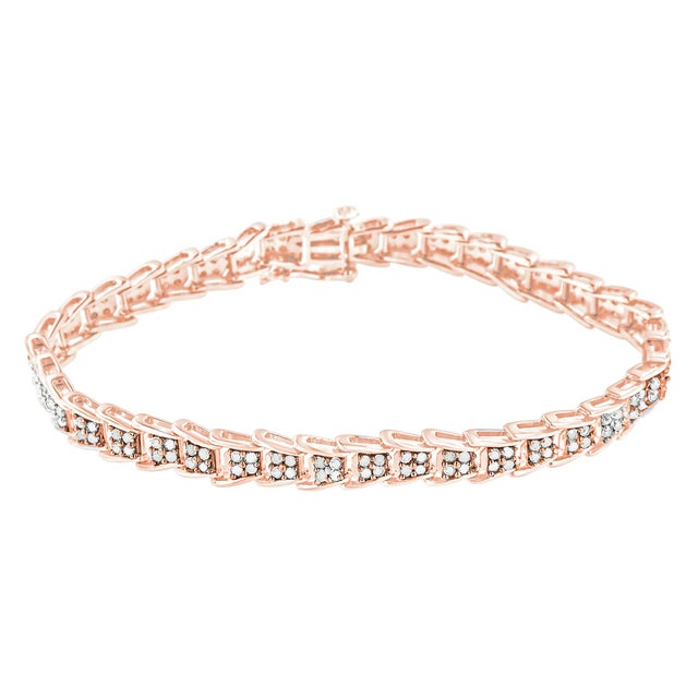 Contemporary 10K Rose Gold over .925 Sterling Silver 2.0 Cttw Diamond Fan-Shaped Overlapping Link Tennis Bracelet (I-J Color, I3 Clarity) - 7" For Sale - Image 3 of 6