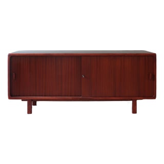 Teak Sideboard with Sliding Doors and Black Vinyl Top, 1970s For Sale