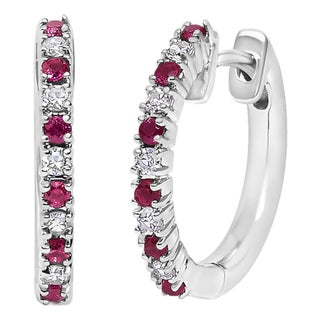 10K White Gold Alternating Diamond and Red Ruby Huggy Hoop Earrings (I-J Color, I1-I2 Clarity) For Sale
