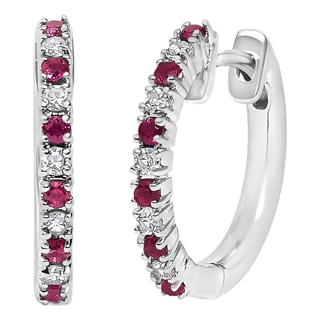 10K White Gold Alternating Diamond and Red Ruby Huggy Hoop Earrings (I-J Color, I1-I2 Clarity) For Sale