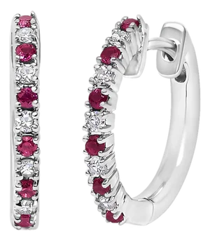 10K White Gold Alternating Diamond and Red Ruby Huggy Hoop Earrings (I-J Color, I1-I2 Clarity)