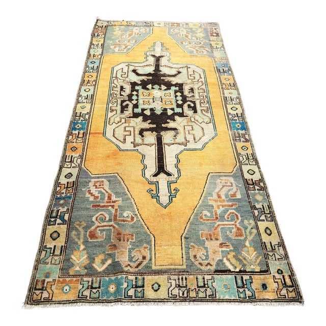 Turkish Oushak Wool Oversized Floor Rug - 3′10″ × 9′2″ For Sale