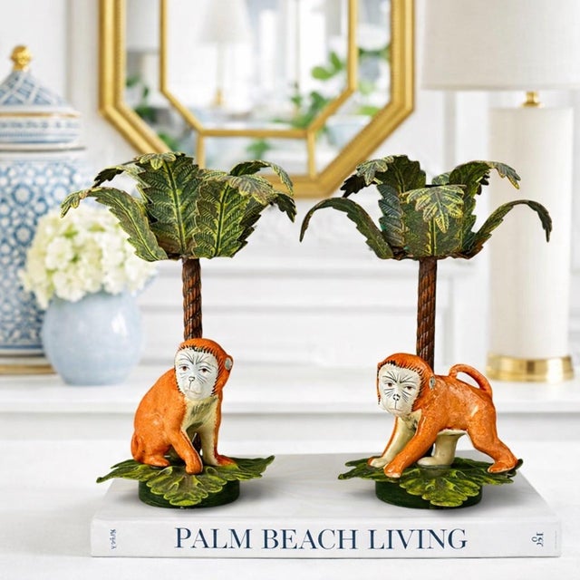 Mid-Century Modern Mid 20th Century Pair of Hand-Painted Porcelain Monkey & Tole Palm Candlesticks, Petites Choses Attributed For Sale - Image 3 of 12