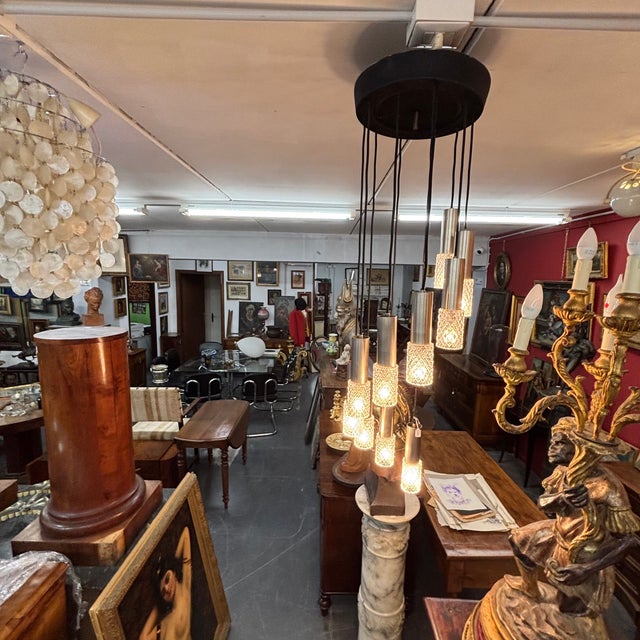 Wavy Metal and Glass Adjustable Chandelier, 1970 For Sale - Image 9 of 11