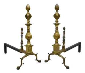 Antique Federal Brass Spiral Twist Finial Branch Leg Ball & Claw Andirons - Pair