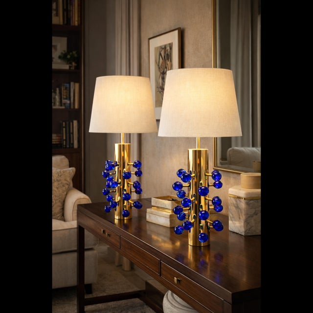 Metal Italian Table Lamps in Brass and Blue Murano Glass from Justfurnituress SRL, Set of 2 For Sale - Image 7 of 11