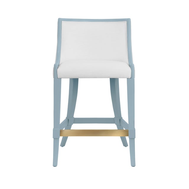 Matthew Izzo Home Matte Light Blue Lacquer Klismos Leg Counter Stool With White Performance Linen and Brass Foot Rail For Sale In New York - Image 6 of 6