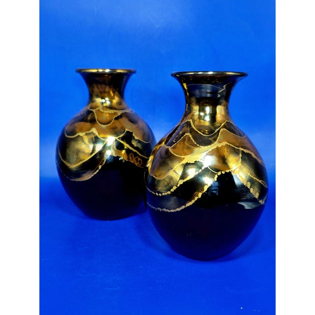 Pair of Bruce Fairman Signed Studio Art Pottery Black & Gold Luster Gooseneck Vases - 2 For Sale - Image 14 of 14