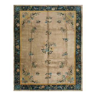 1900s Antique Chinese Peking Room Size Wool Brown Earth Tone Floral Motifs Rug For Sale