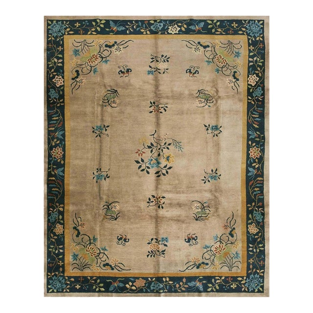1900s Antique Chinese Peking Room Size Wool Brown Earth Tone Floral Motifs Rug For Sale