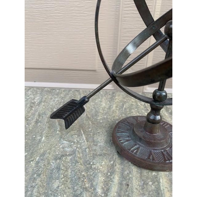 Rustic Verdigris Iron Armillary Sphere on Pedestal – European Garden Accent For Sale - Image 4 of 9