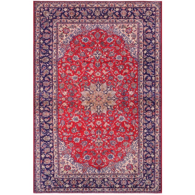 Retro Persian Kashan Red/Blue Wool Rug - 9'9'' X 15'11'' For Sale - Image 10 of 10