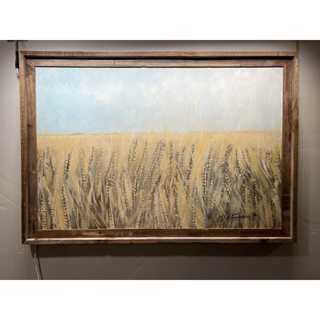 Farmhouse Contemporary Original Oil on Canvas Framed Painting “Wheat Fields and Blue Sky” For Sale - Image 3 of 9