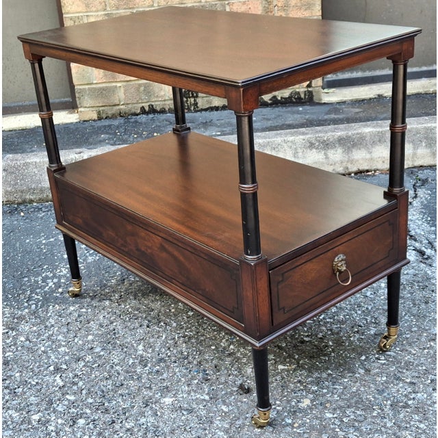 Mid 20th Century Restored Beacon Hill Collection Inlaid Mahogany Tiered Rolling Side Table For Sale - Image 5 of 16