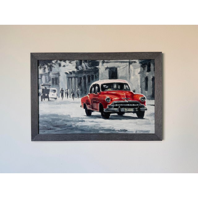 Impressionist Modern Impressionist Havana Cuba Street Scene Oil on Canvas Painting With Red Classic Car, Signed For Sale - Image 3 of 11