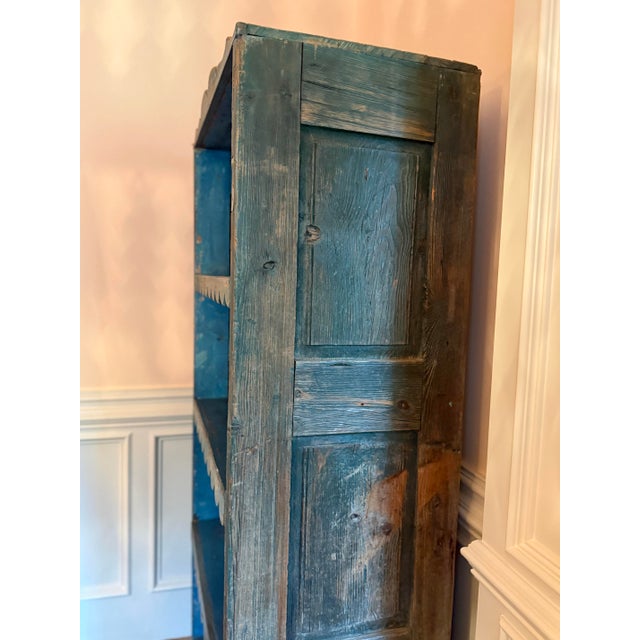 Wood Antique Primitive Blue Painted Open Cupboard With Scalloped Shelves – 80”h For Sale - Image 7 of 8
