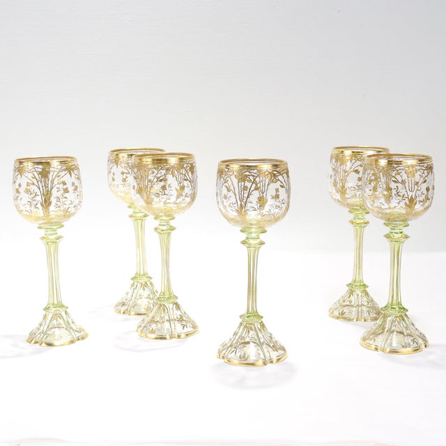 Art Nouveau 1900 Set of 6 Gilt German or Bohemian Art Nouveau Clear & Green Glass Wine Goblets For Sale - Image 3 of 18
