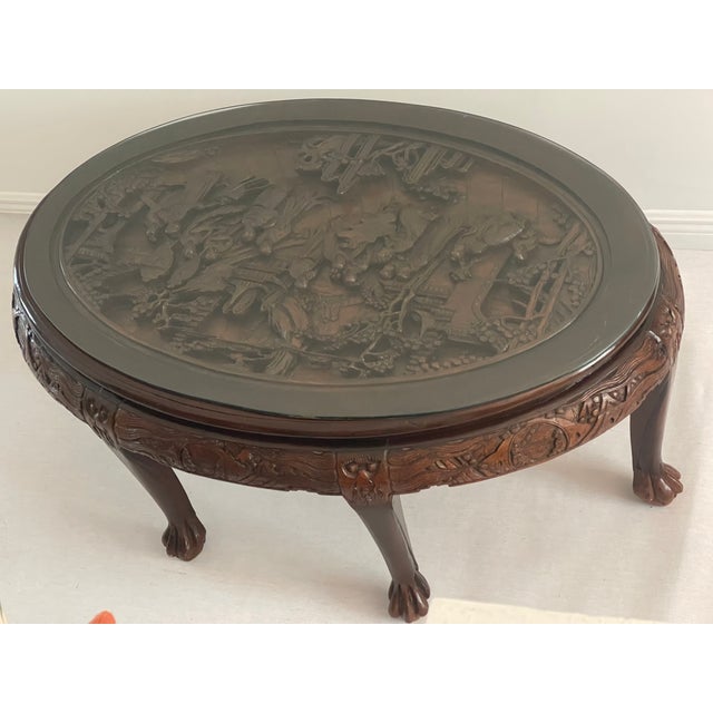 Wood Vintage Chinese Chinoiserie Carved Coffee Table and 6 Chairs For Sale - Image 7 of 13