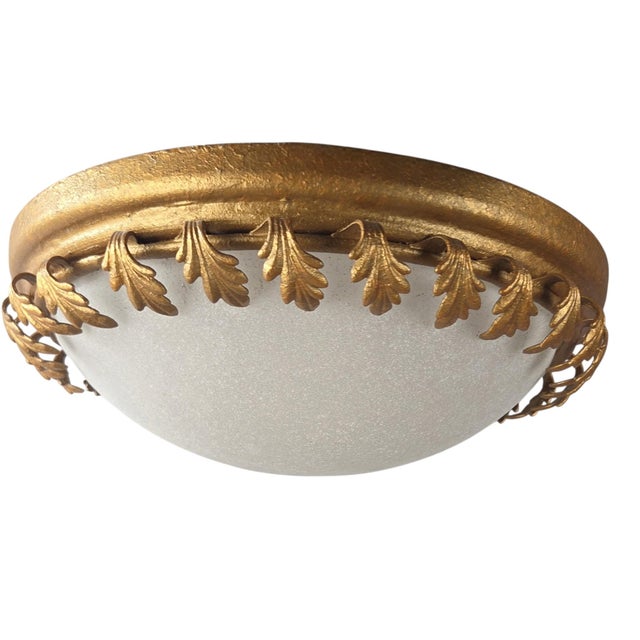 Pair of Hollywood Regency Gilt Acanthus Leaf & Frosted Glass Flush Mounts For Sale In Chicago - Image 6 of 15