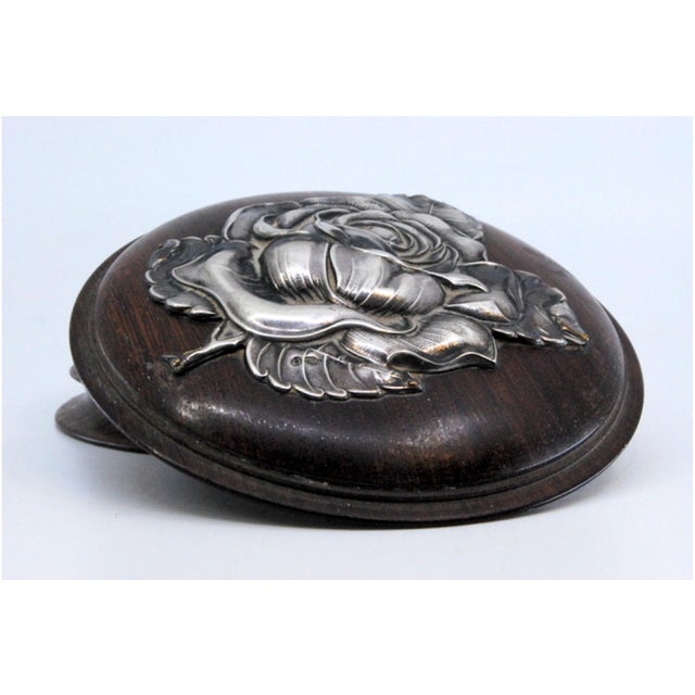 Rosewood Jewelry Box with Rose Silver Embossed Lid For Sale - Image 10 of 11