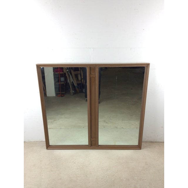 Wood Mid Century Modern Long Rectangular Wall Mirror With Two Glass Panels and Wood Accent For Sale - Image 7 of 18