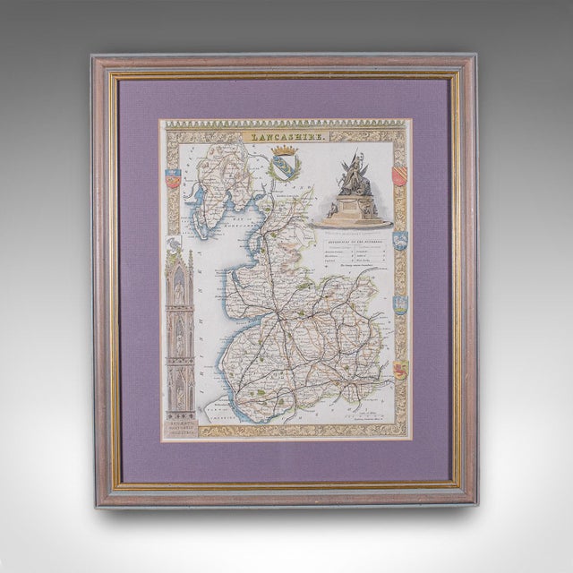 This is an antique county map of Lancashire. An English, atlas reproduction of the Thomas Moule original, dating to the...