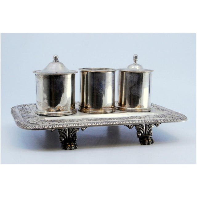 Silver Silver Inkwell with Three Containers and Chiseled Tray on Support with Four Zoomorphic Feet For Sale - Image 8 of 9