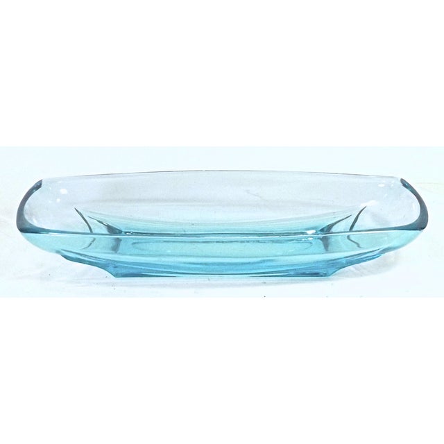 Vintage; 1910-1950, Art Deco style aqua glass dish. Long shape with Deco geometric styling to the base and overall shape....