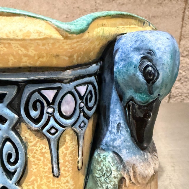 Majolica Art Nouveau Majolica Ceramic Planter Cachepot Jardinière Ducks For Sale - Image 4 of 14