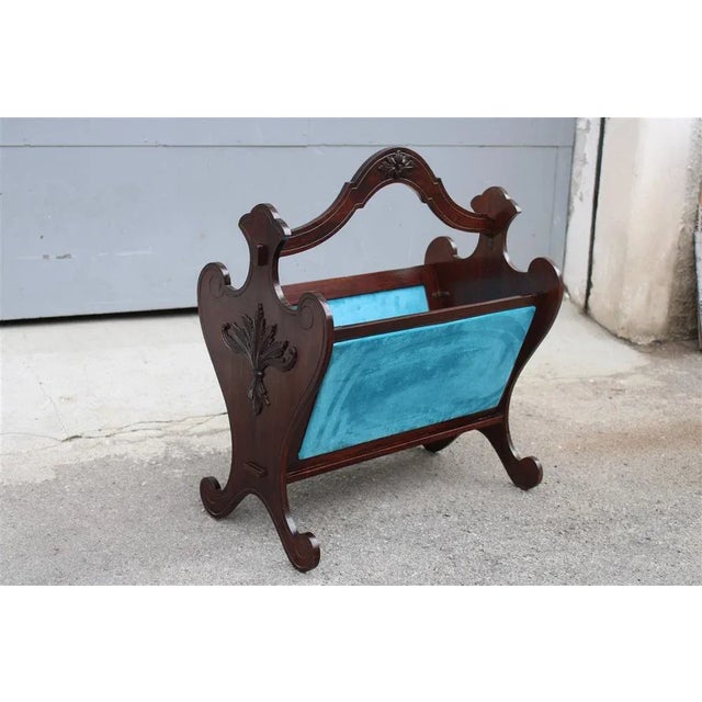 Blue Velvet and Carved Wooden Magazines, Italy, 1940s, in Very Good conditions. Designed 1920 to 1949