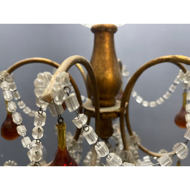 Italian Florentine Giltwood and Amber Murano Glass Drop 6-Light Chandelier, 1950s For Sale - Image 3 of 15