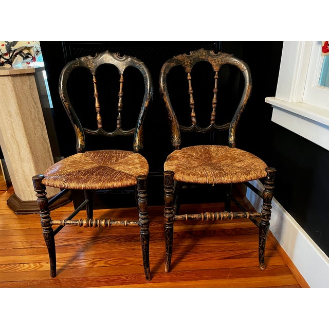 19th Century Victorian Ebonized and Decorated Side Chairs - Set of 2 For Sale - Image 4 of 12