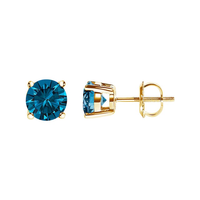Contemporary 14K Yellow Gold 2.00 Cttw Blue Lab Grown Diamond Stud Earrings with Screw Backs For Sale - Image 3 of 5