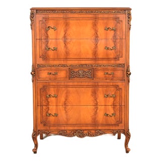 Romweber Style Antique French Provincial Louis XV Carved Satinwood and Burl Wood Highboy Dresser, Circa 1920s For Sale