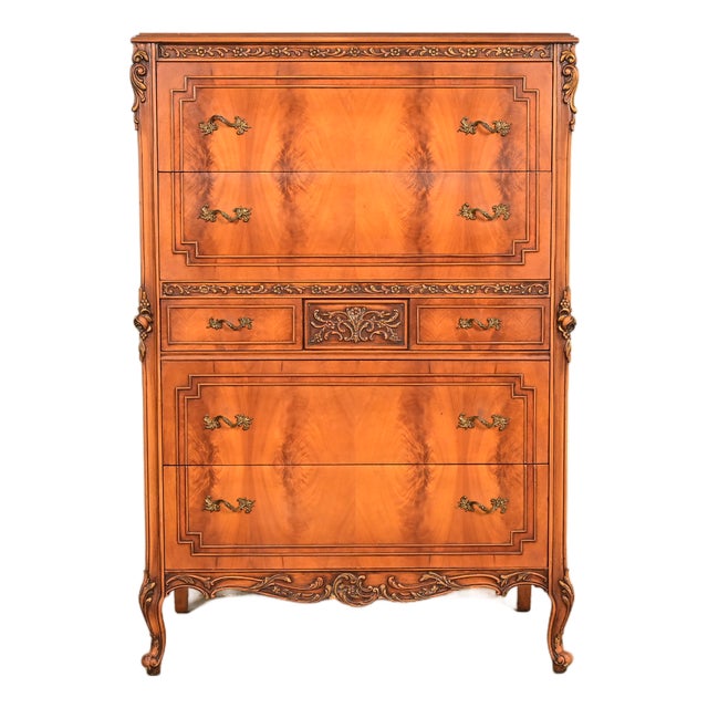 Romweber Style Antique French Provincial Louis XV Carved Satinwood and Burl Wood Highboy Dresser, Circa 1920s For Sale