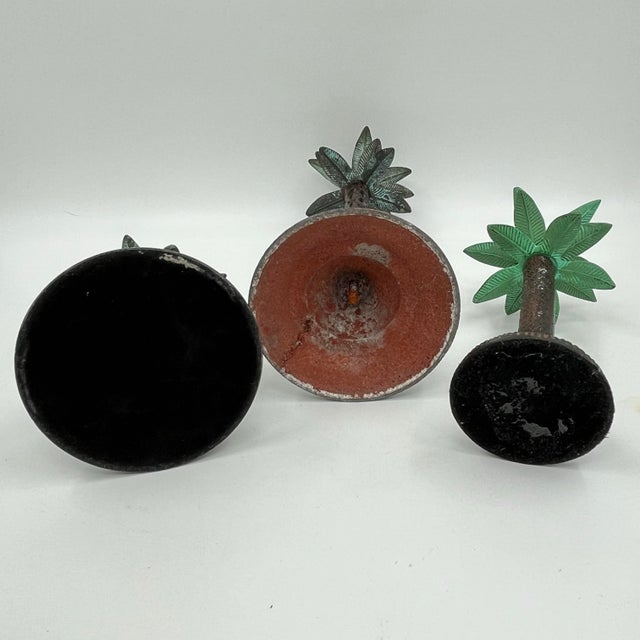 Vintage Curated Collection of Bronze and Verdigris Metal Palm Tree Candlestick Holders - Set of 3 For Sale - Image 11 of 11