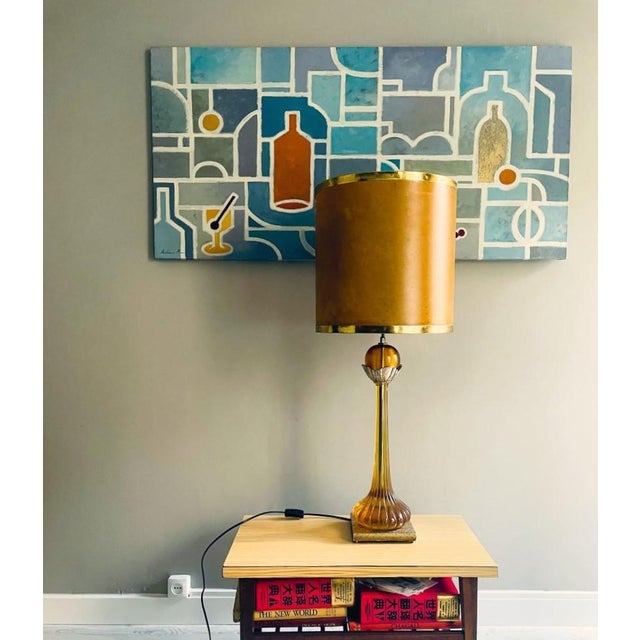 Mid-Century Modern Large Regency Style Amber Acrylic Glass Buffet Table Lamp with Brown Drum Lampshade, 1970s For Sale - Image 3 of 16