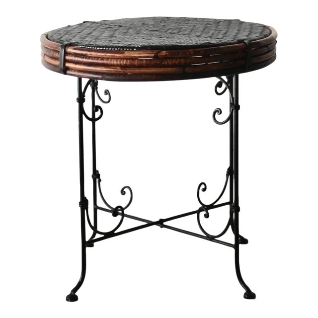 Demi Lune Style Vintage Mid-Century Wicker Bamboo Side Table Scroll Base Detail For Sale