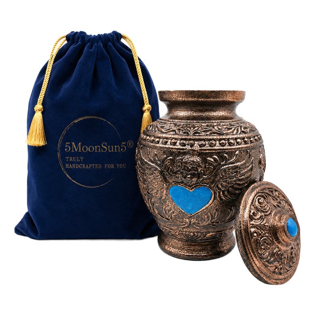 Aura Angel Wings Turquoise Heart Keepsake Cremation Urn Metal Antique Copper Finish For Sale