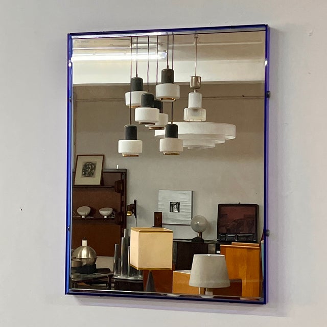 Metal Mid-Century Wall Mirror with Blue Glass and Brass Frame, Italy, 1960s For Sale - Image 7 of 7