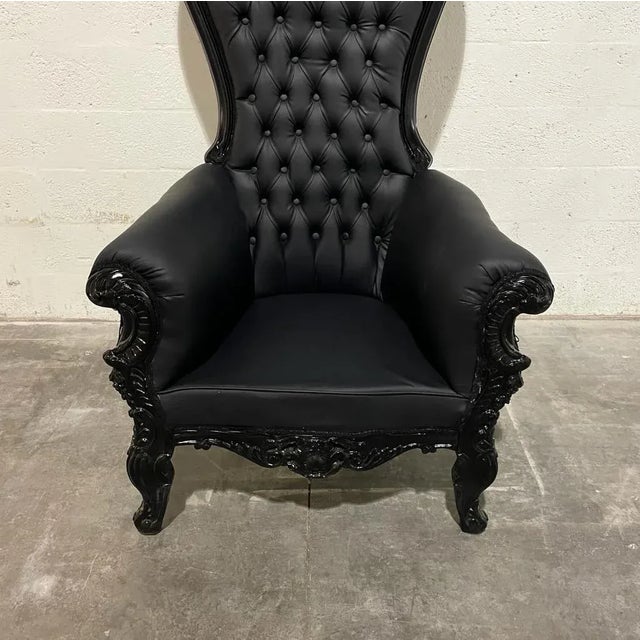 Textile French Rococo Style Tufted Black Leather Throne Chair For Sale - Image 7 of 8