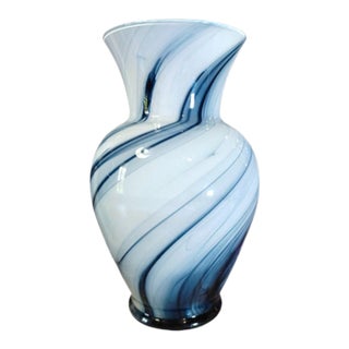 Vintage Murano Style Blue and White Swirled Blown Glass Vase For Sale