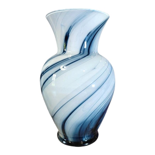 Vintage Murano Style Blue and White Swirled Blown Glass Vase For Sale
